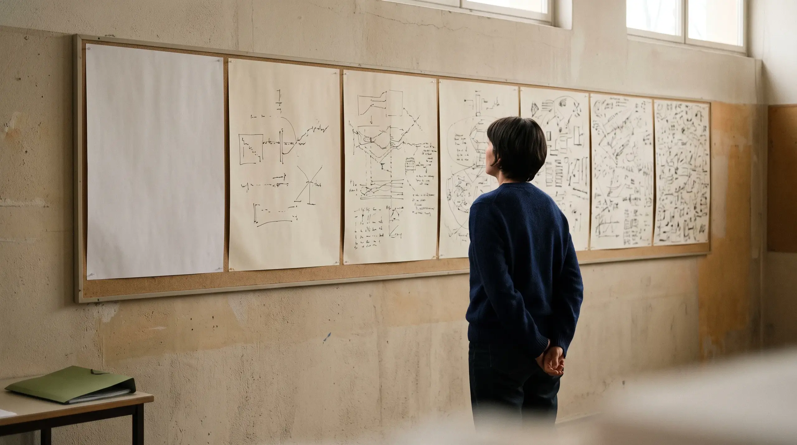 Un mur de six feuilles épinglées côte à côte, de plus en plus denses, qu'une silhouette observe à distance.