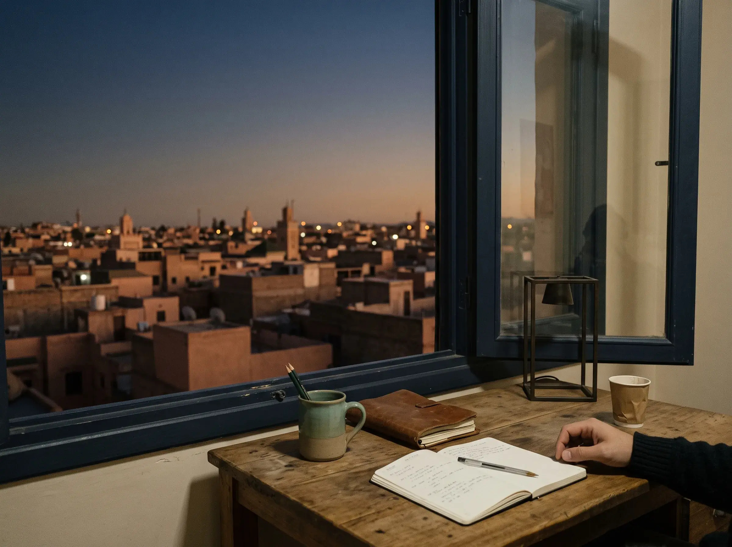 Vue par une large fenêtre sur une ville marocaine au crépuscule, depuis un plateau de travail encore ouvert.