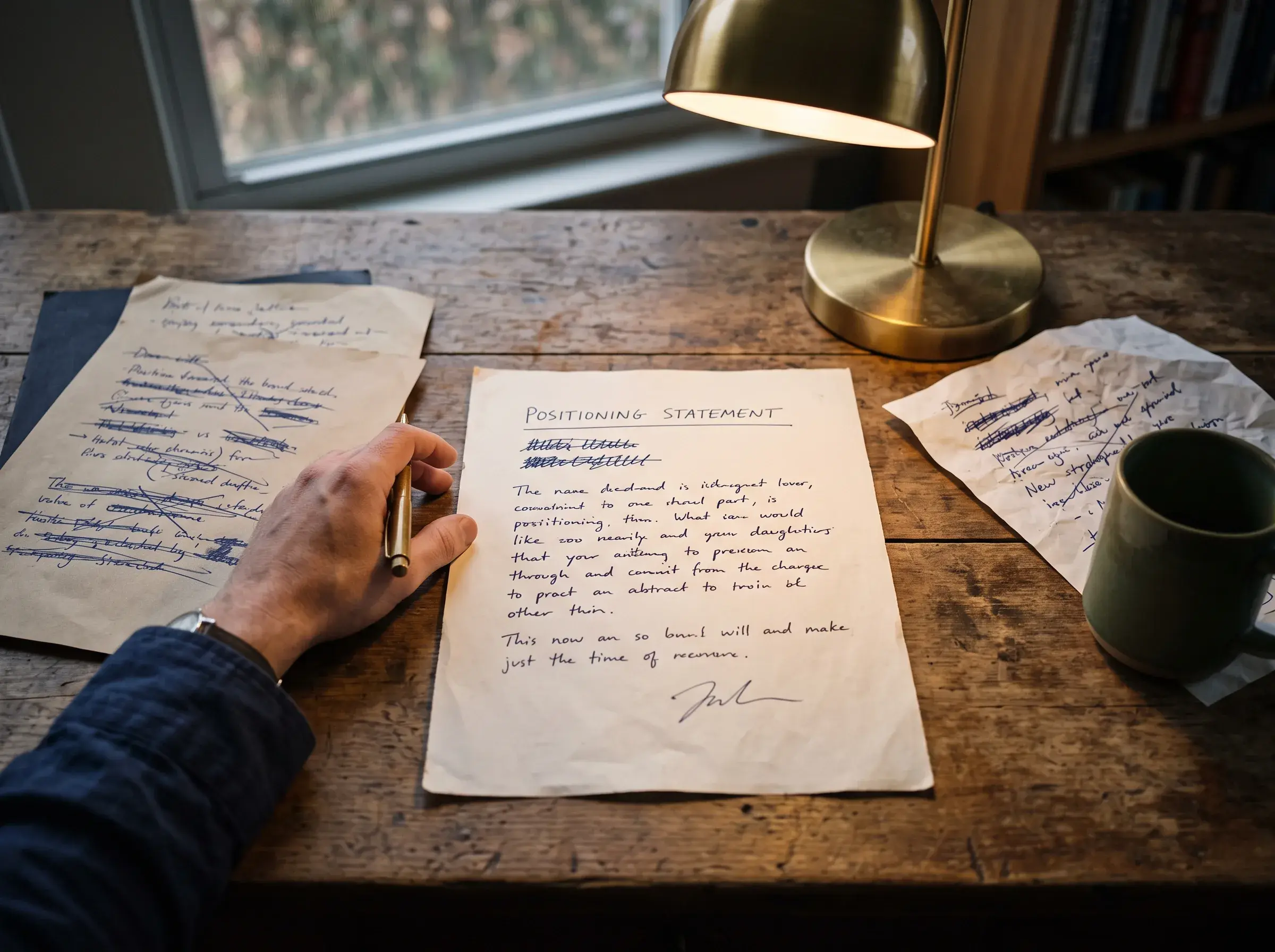 Une feuille portant une phrase de positionnement écrite à la main, entourée de brouillons raturés.