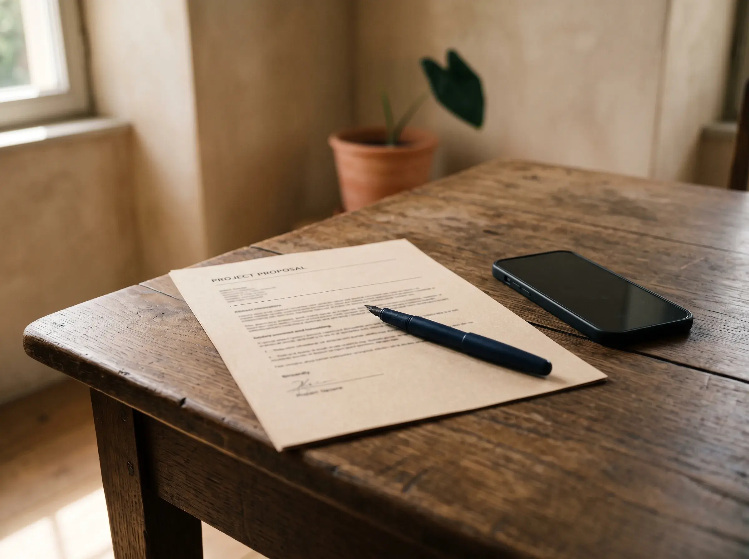 Un bref imprimé posé sur une table, un stylo en diagonale par-dessus, un téléphone retourné à côté.
