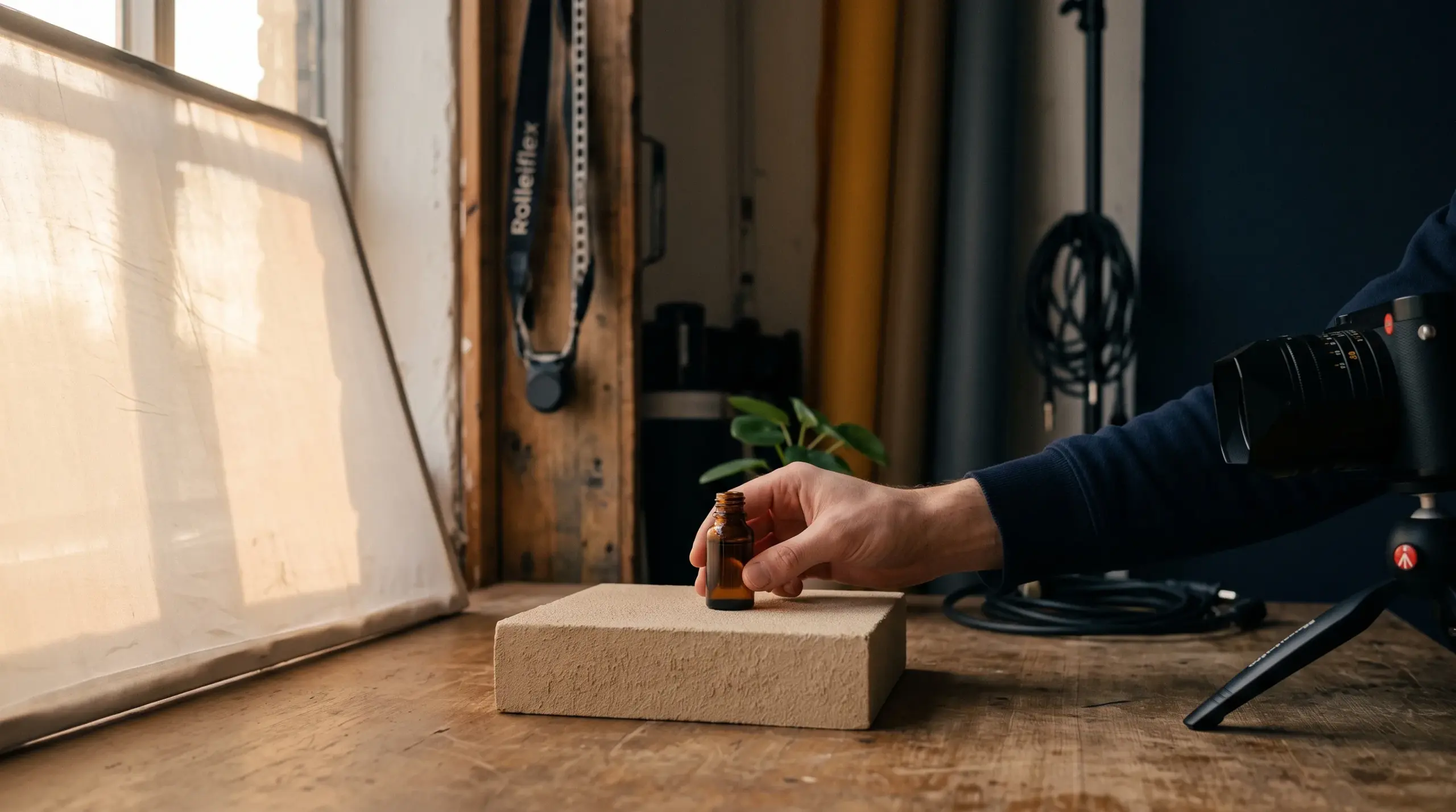 Un petit décor de prise de vue en cours d'installation : produit sur socle beige, panneau diffuseur, caméra sur pied bas.