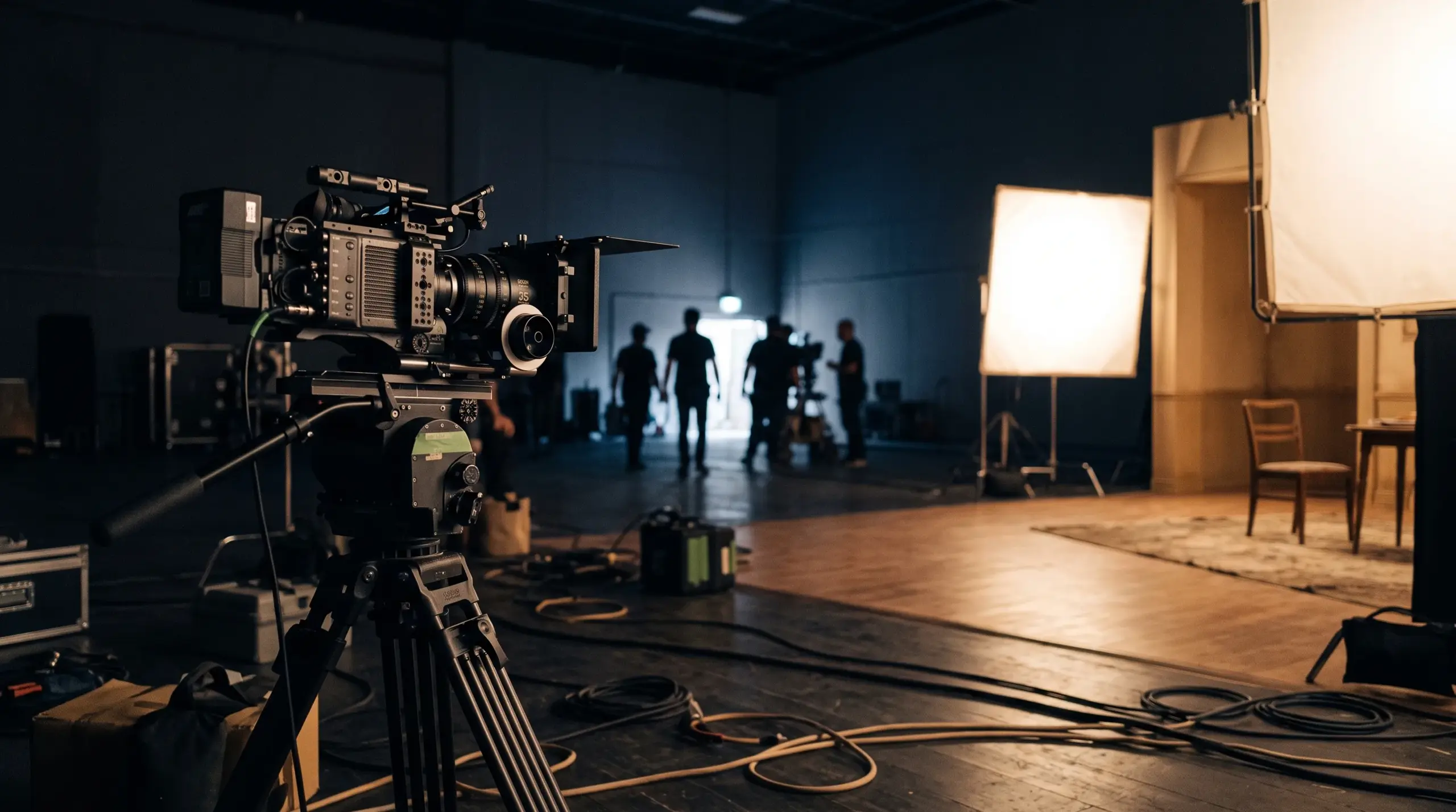 Un plateau de tournage entre deux prises : caméra face au décor éclairé, grande source douce sur le côté.