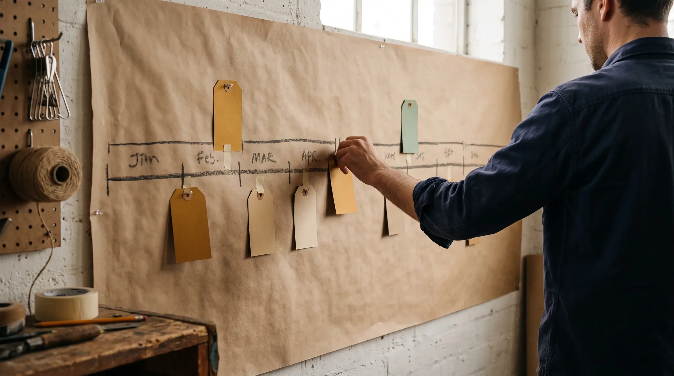 Un plan trimestriel dessiné à la main sur un grand papier mural, jalonné d'étiquettes de couleur.