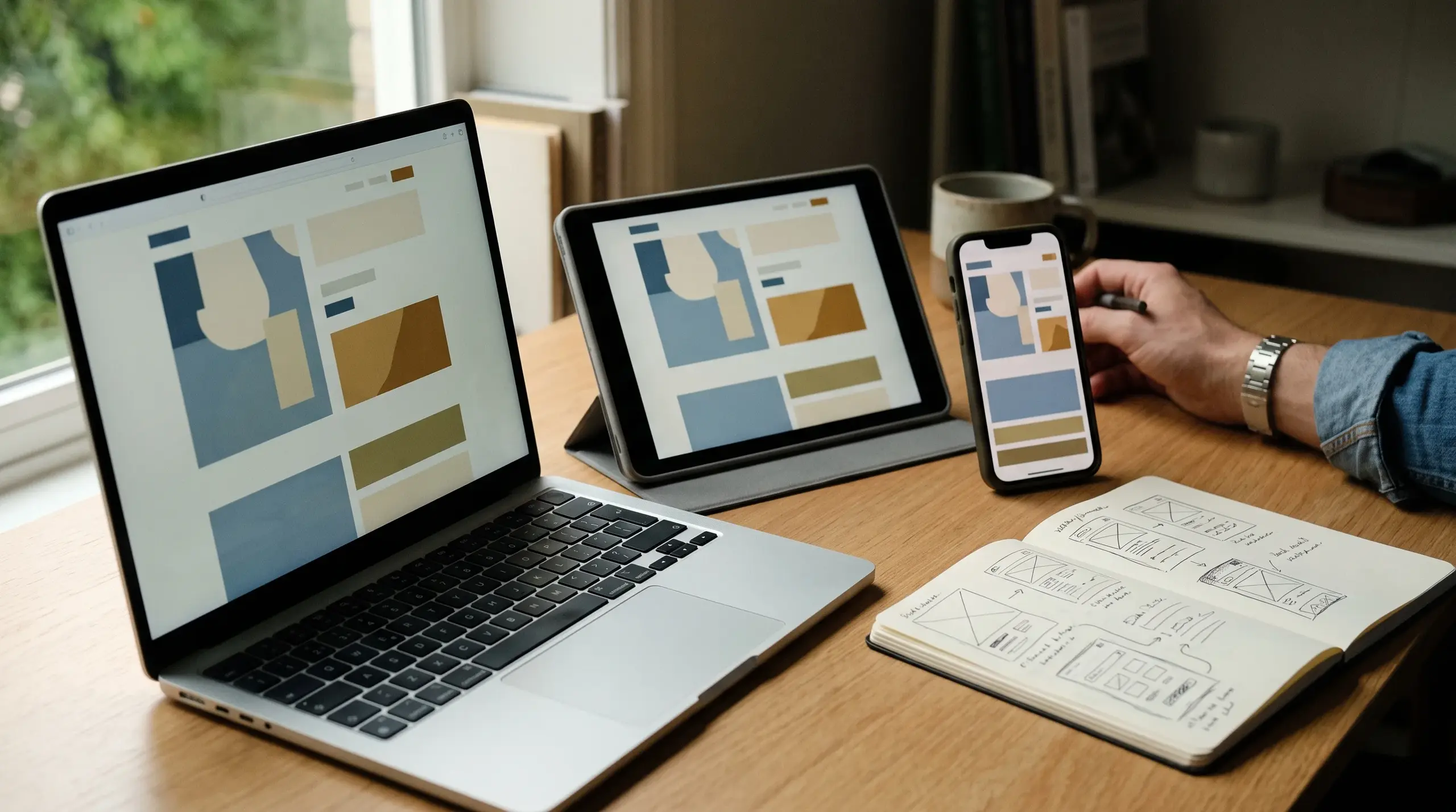 Une même page affichée sur trois appareils alignés — ordinateur, tablette, téléphone — à côté de croquis de maquette.