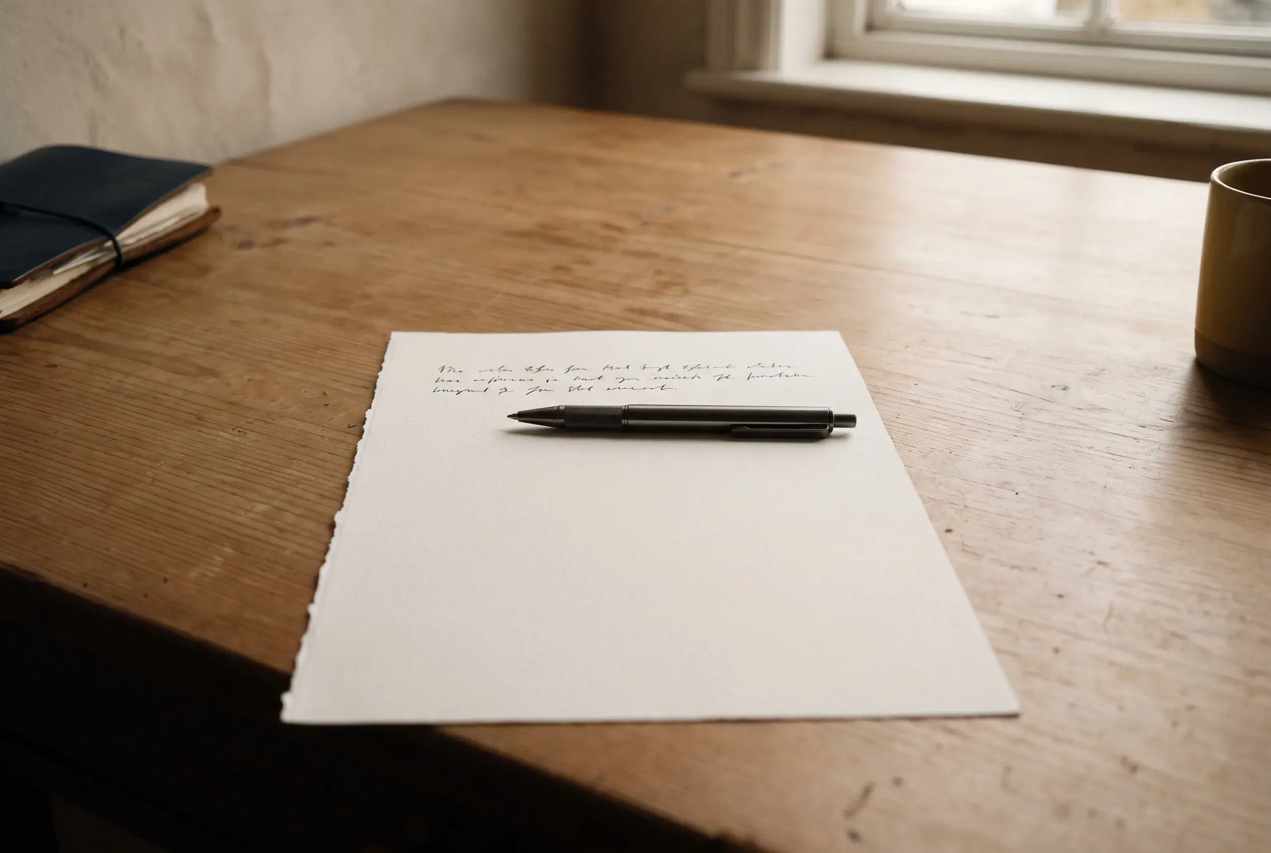 Une feuille seule sur un bureau dégagé, une ligne écrite en tête, un stylo posé en travers.