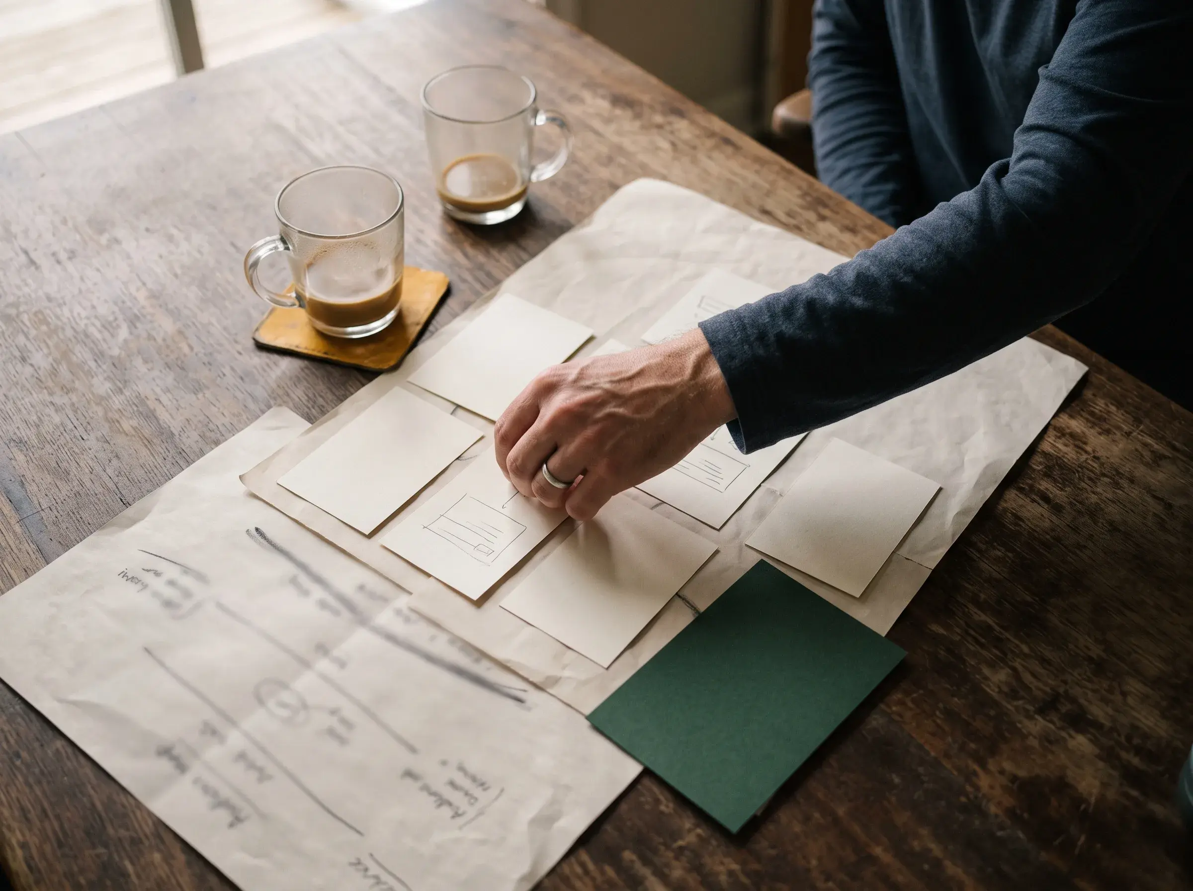 Vue en plongée d'une table de travail : cartes d'audience imprimées, plan de diffusion annoté au crayon, une main déplaçant une fiche.
