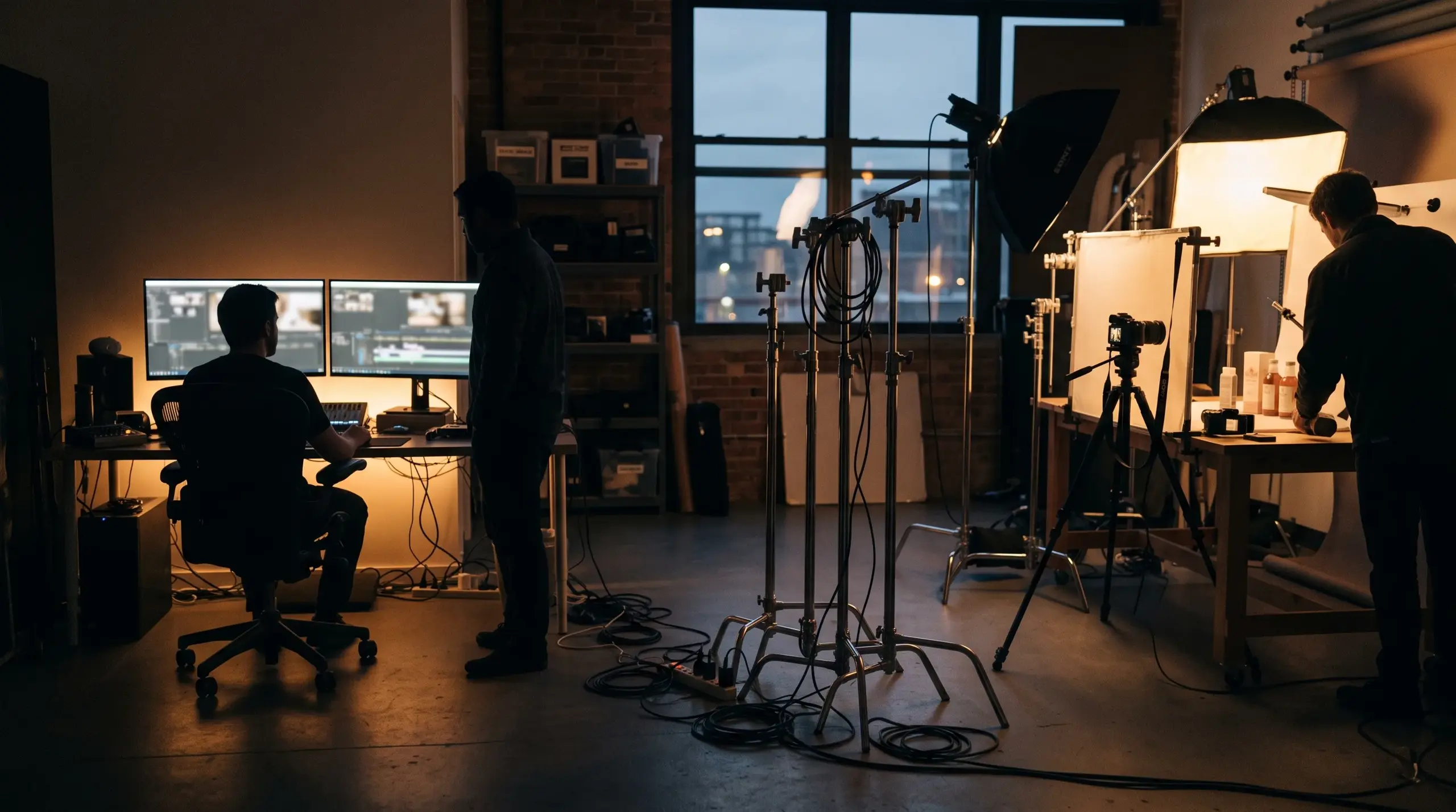Intérieur d'un studio de création au crépuscule : banc de montage éclairé d'un côté, coin de prise de vue produit de l'autre.